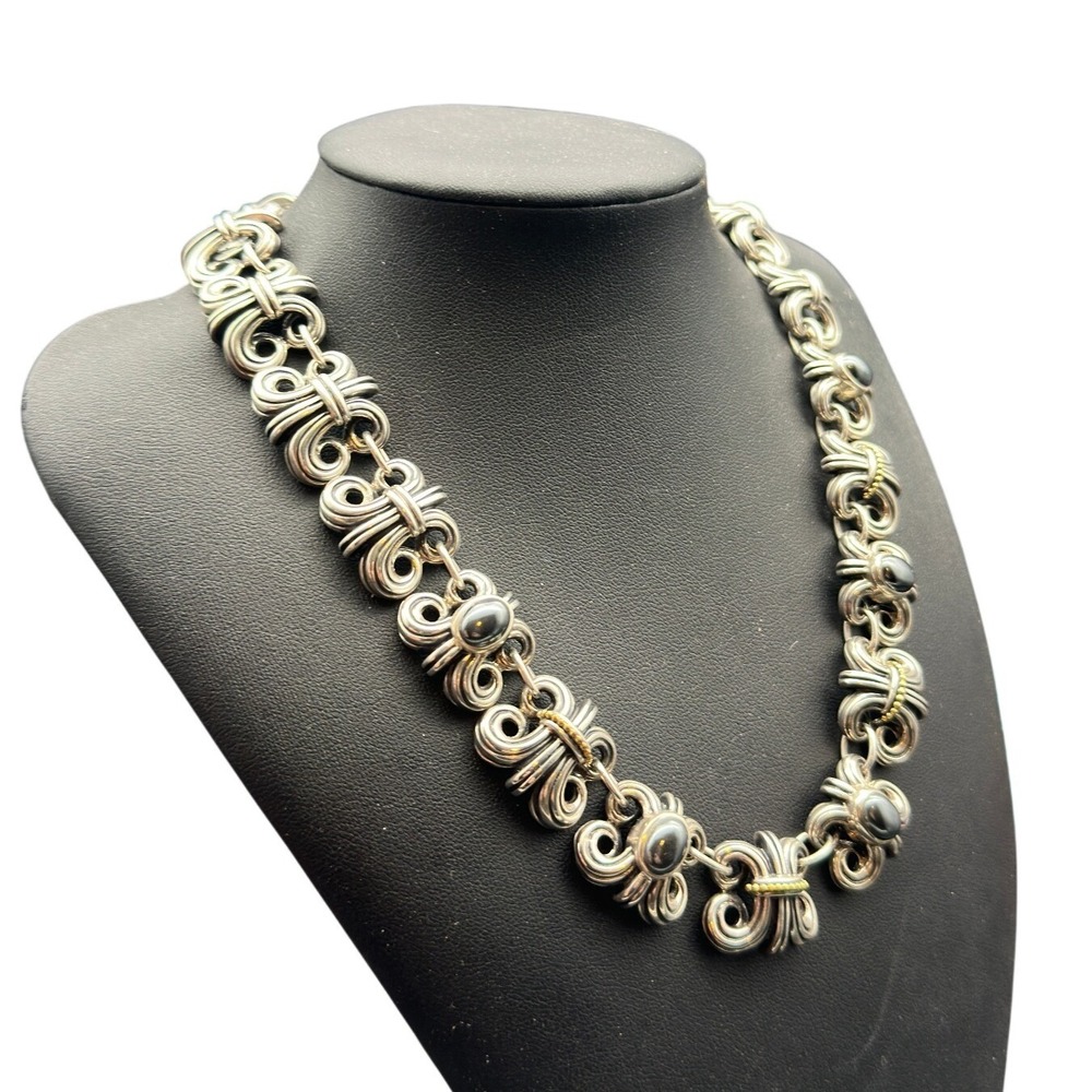 Vintage Lagos Fleur de Lis Scroll Necklace 18k Gold Accents 925 Sterling Silver